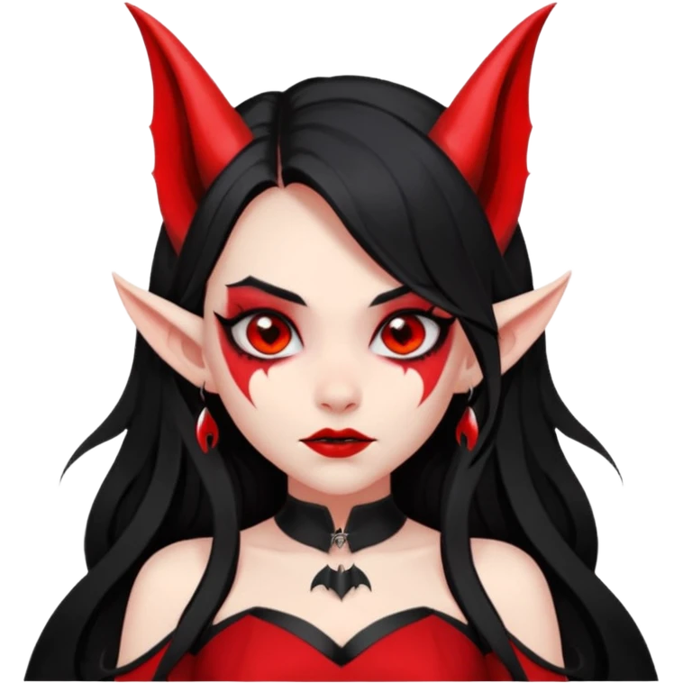 demon girl, skin red , black long hair, small horns, pointed ears, bat wing, black open-back dress, bold black outlines, red+black palette emoji
