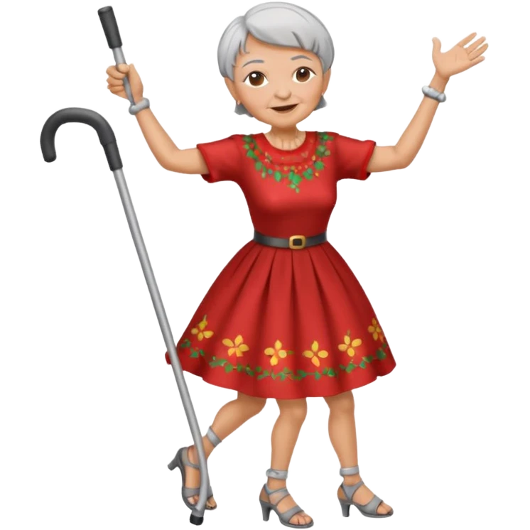 old woman with short hair dancing with crutches emoji