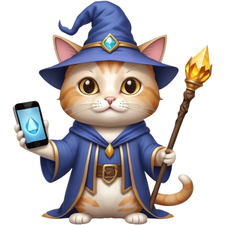 cat wizard holding an iphone and a staff. he is wise looking  emoji