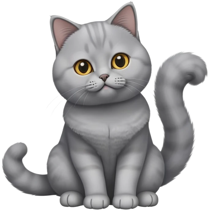 cinematic-[British shorthair cat]-realistic-full-body-sitting-emoji,-tail-curled-playfully-around-its-paws,-head-tilted-dramatically,-fluffy-[grey]-fur,-simplified-yet-hilariously-adorable-features,-highly-detailed,-glowing-with-an-almost-sarcastic-glow emoji