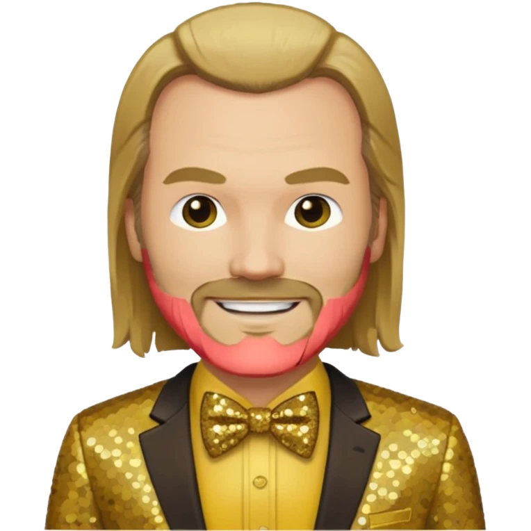 Tyler Mane with long dark blonde hair, yellow shirt, brown sequin suit with bow tie emoji