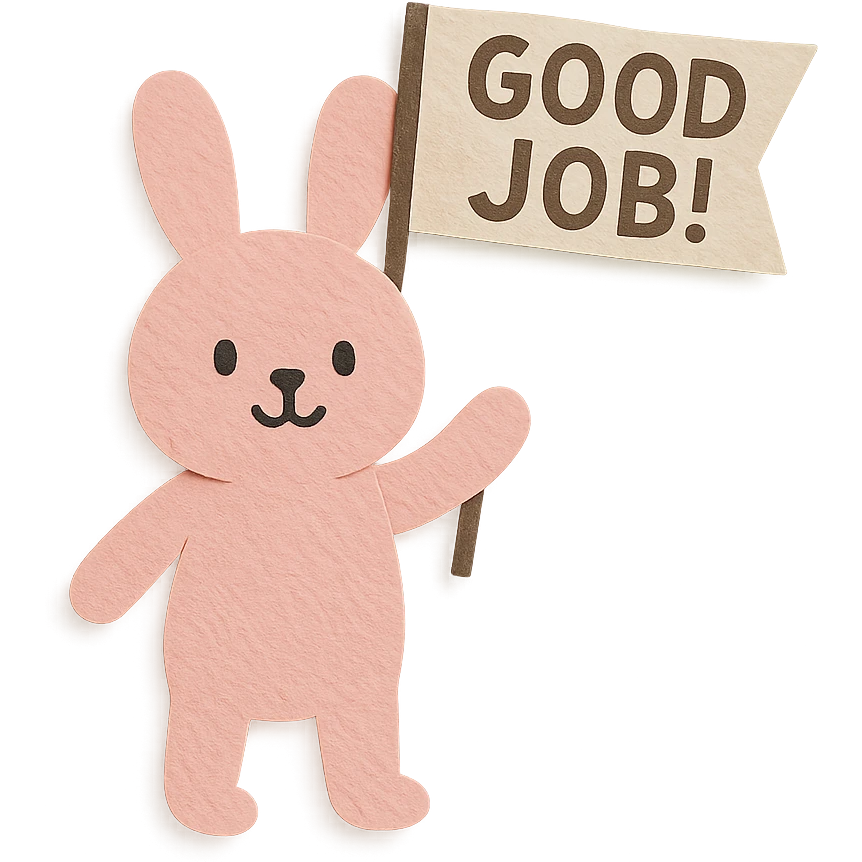 full-body baby pink bunny waving a 'Good Job!' flag, paper-craft style, transparent background, flag text clearly visible emoji