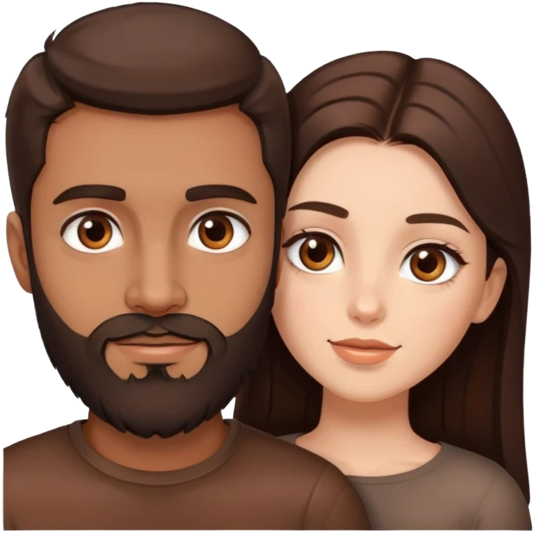 Emoji style couple hugging: a brunette girl with hazel eyes and brunette man with a beard and chocolate brown eyes emoji