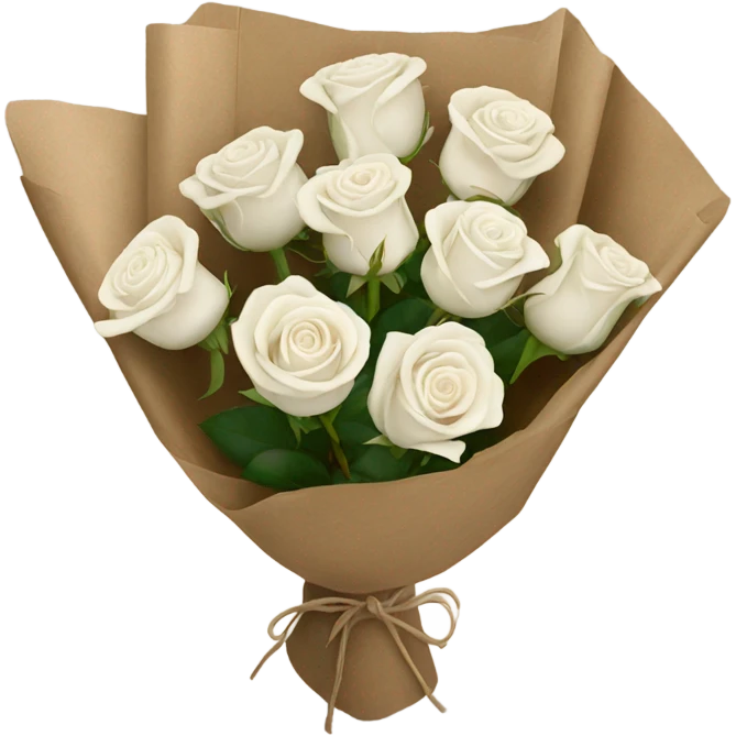 7 white roses small bouquet in brown paper emoji