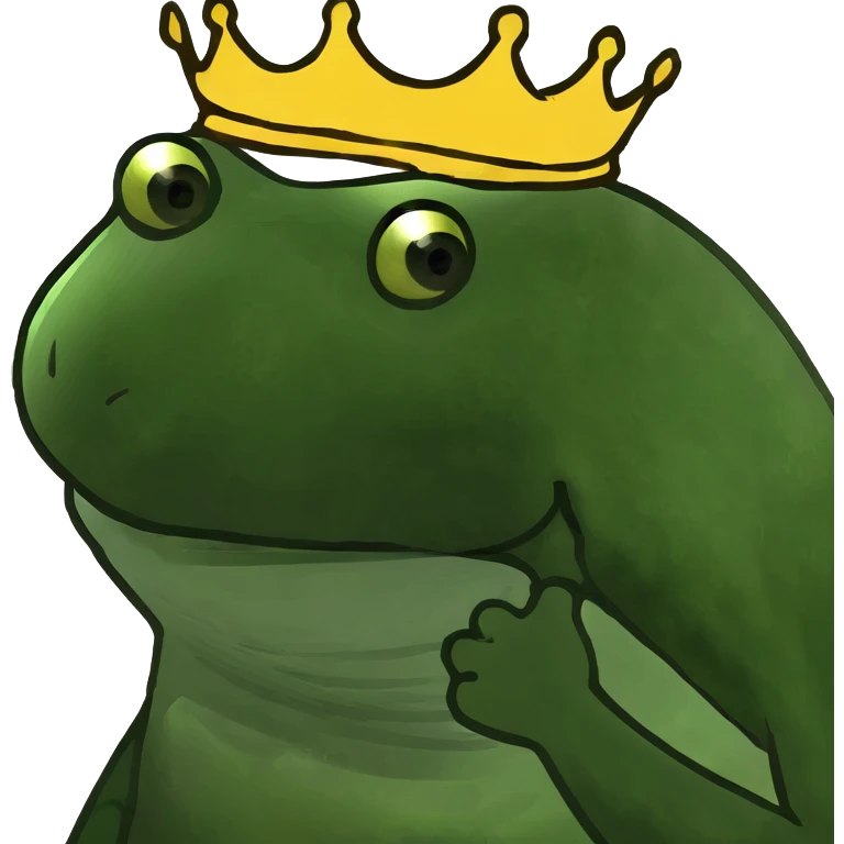frog meme as a king wearing a golden crown surrounded by a glowing aura emoji