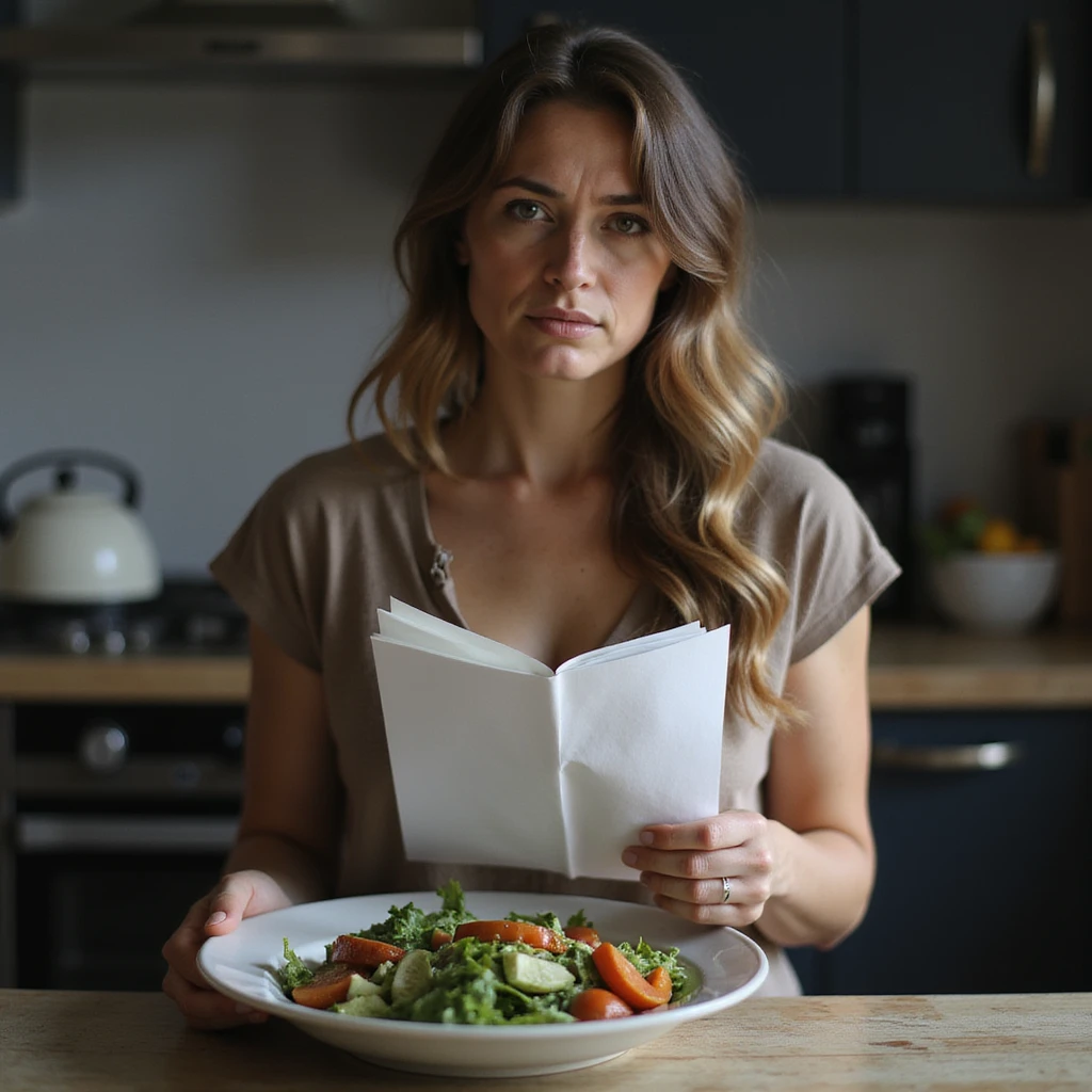 adult woman, photorealistic, diet not giving results, disappointed face, holding food diary, plate of salad in front, melancholic atmosphere, natural light, kitchen background emoji