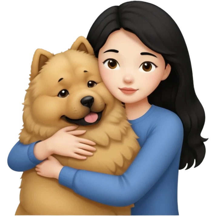 A girl with black hair hugging a beige fluffy chow chow dog emoji