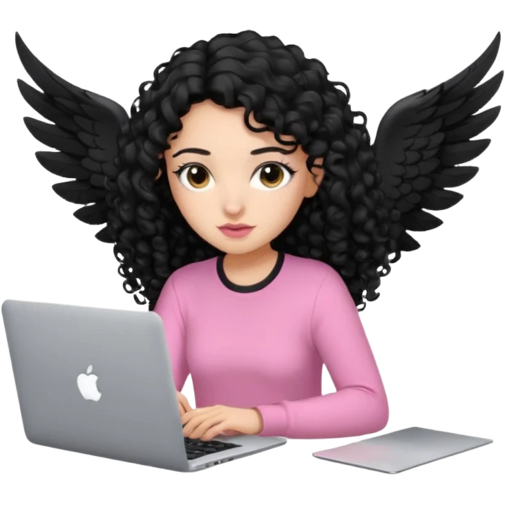 a girl typing mac book air with long black curly hair and brown eyes with winged black eyeliner, pink shirt emoji