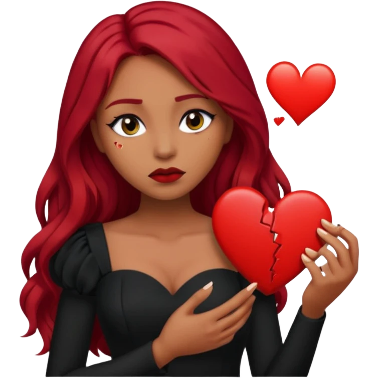  woman with long red hair and dark make up and olive skin holding a broken heart in black dress emoji