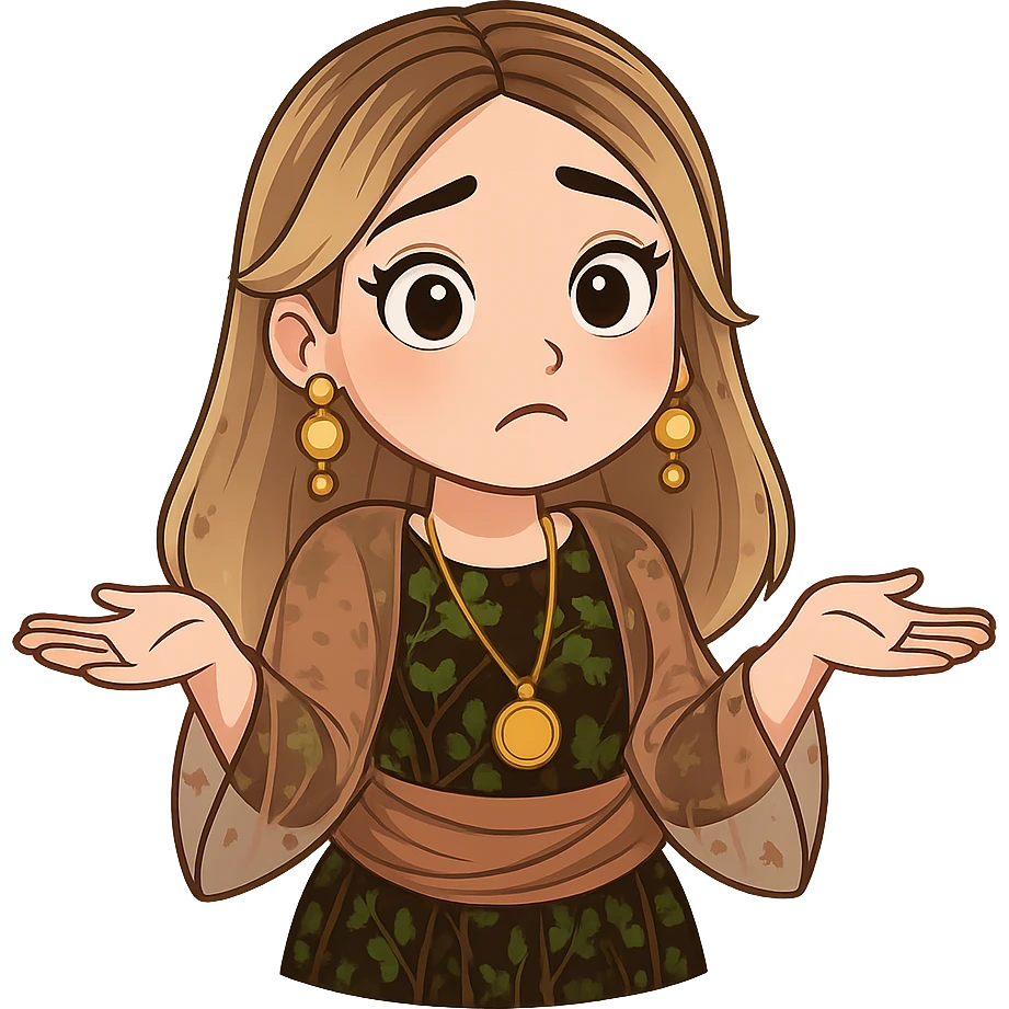 Kurdish cartoon sticker of the same woman in the new dress, shrugging shoulders with palms up, confused or 'I don't know' expression, no text, transparent background, chibi stickers style. emoji
