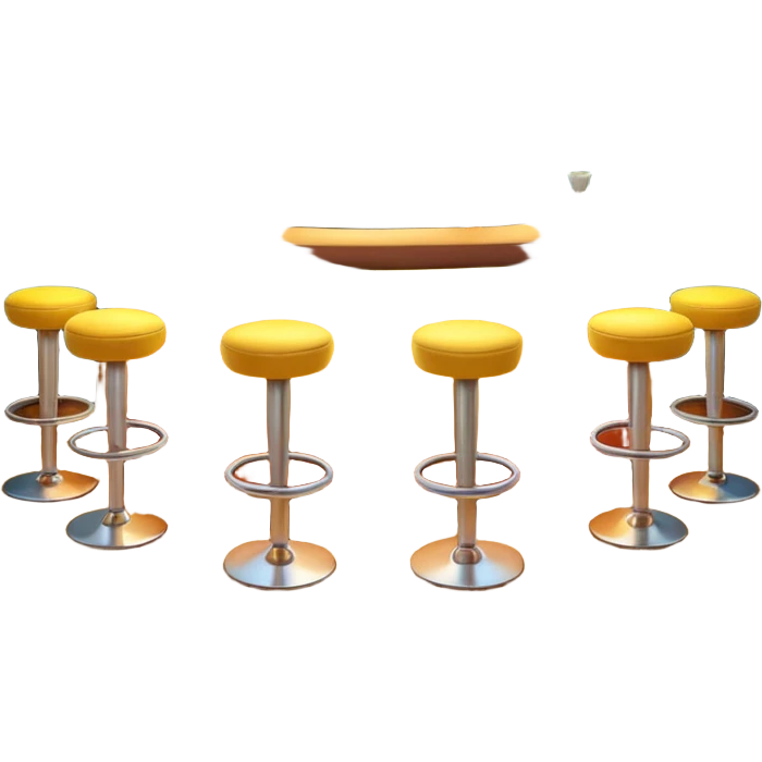 A 3D cartoon bar counter with tall stools, hanging yellow lights, and shelves filled with colorful bottles in the background. Smooth textures, warm ambient lighting, realistic reflections, dark background, Memoji-style design. emoji