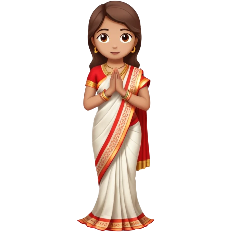 Full body Bengali girl wearing traditional red and white saree with hands joined in prayer position emoji