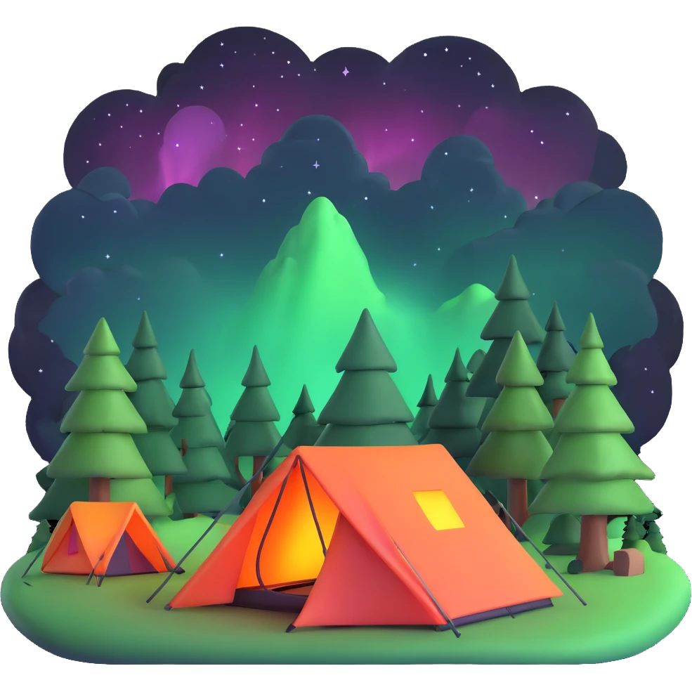 camping tent in forest under northern lights emoji