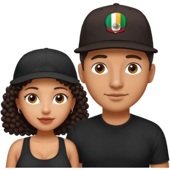A picture of a cute tanned couple. the man is Mexican, with a bald hair cut wearing a SnapBack hat and a black shirt. the woman is mixed, she has curly longer dark brown hair,  no hat, and with big boobs  emoji
