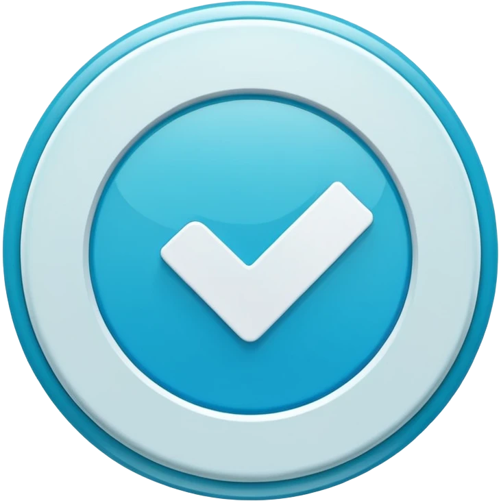 Modern emoji-style  verified icon: cyan-blue circular badge, bold white checkmark, smooth gradient, soft glossy highlights, subtle shine, thick white border, minimalist flat + semi-3D style, smooth edges, high contrast, transparent PNG, high quality, sharp. emoji