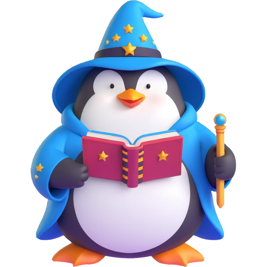 chubby penguin in wizard attire, with a long beard and a spellbook, surrounded by sparkles emoji