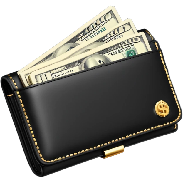 Rich emoji style black leather wallet with dollar bills, luxury money vibe, premium 3D emoji, ultra clean, high detail, no background emoji
