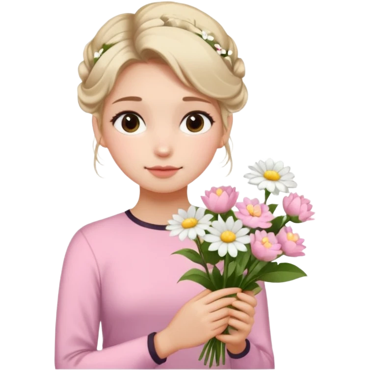 emojis.com a-girl--sitting--near-various-bouquets-of-flowers-,-white-and-pink-flowers-.-she-is-holding-a-single-white-flower-up-to-her-face,-her-hairstyle-is-slightly-messy-updo,-with-a-few-soft-strands-f (1) emoji
