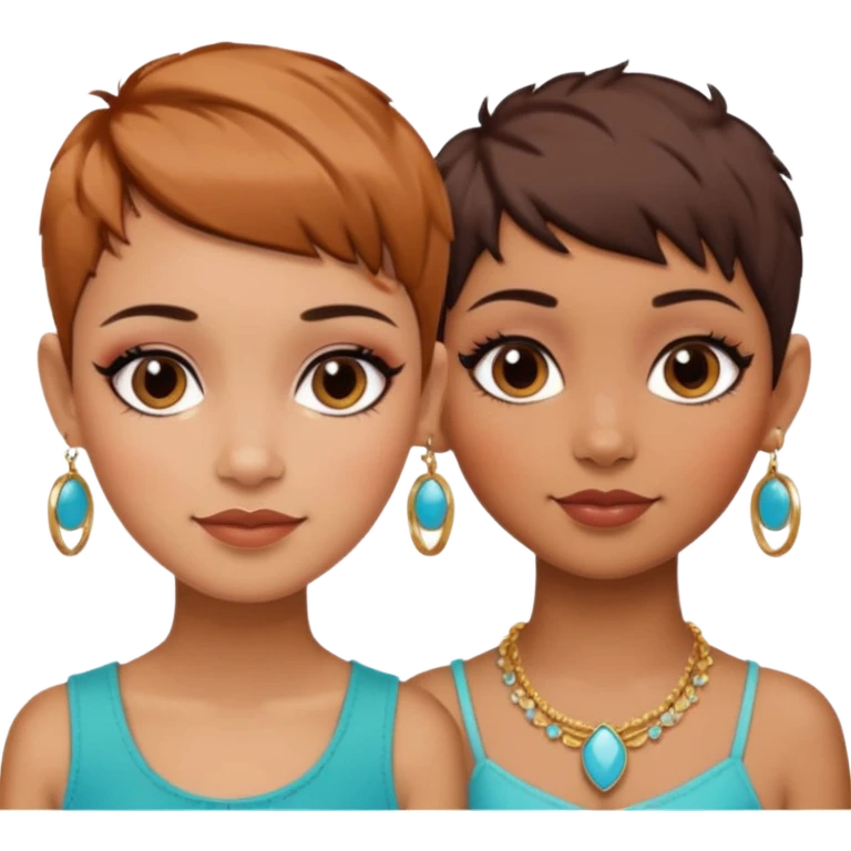 Puerto Rican fair skin straight brown pixie cut hair with hoop earrings make up and my best friend caramel colored pixie cut with jewelry and makeup on her face besties side-by-side emoji