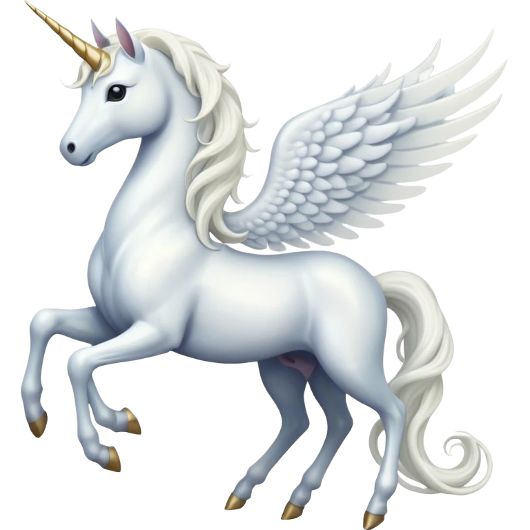 All white Cinematic Noble Unicorn with wings, slender with a flowing mane and tail and spiraled horn emoji