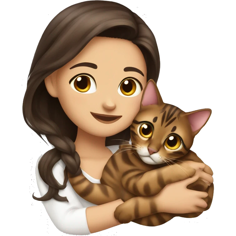 Beautiful woman long dark brown hair hug bengal cat emoji
