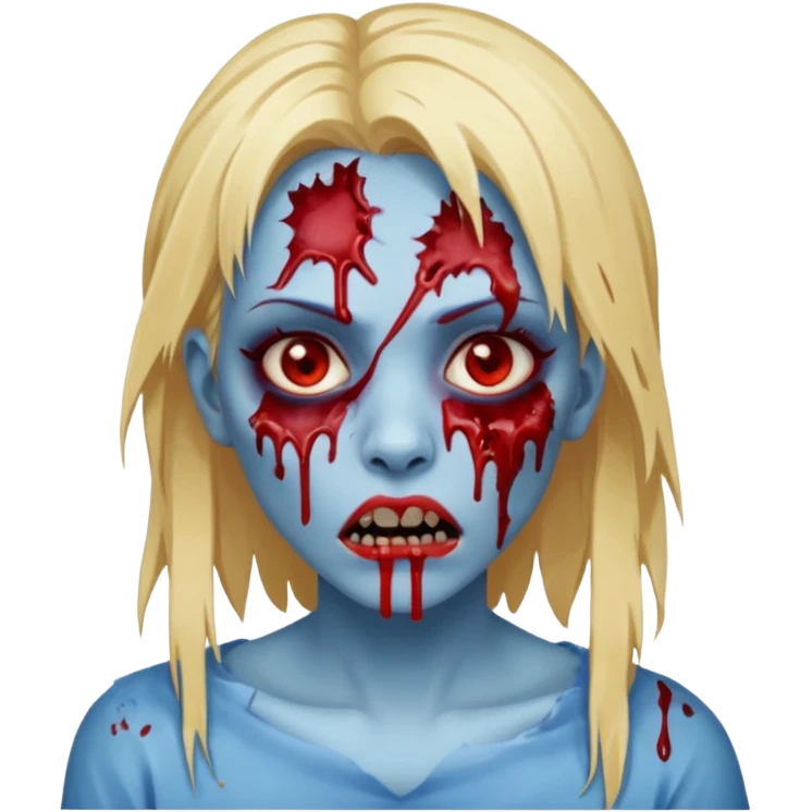 zumbi feminino com cortes no rosto, olhos baixos e vermelhos, cabelo loiro e rosto azul escuro, boca e olhos sangrando cm fundl azul e mais sangues possível emoji