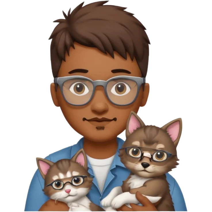Glasses and mustach holding a kitten, the person should be brown and have a wolf cut mullet emoji
