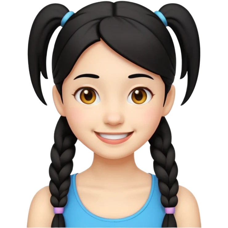 cheerful emoji-style girl with black hair in two low pigtails near the neck, round eyes, big smile, head and upper shoulders, clean lines, minimal white background, vibrant and simple emoji