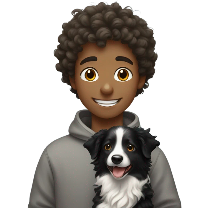 A happy curly-haired boy in a sweatshirt holds a border collie emoji