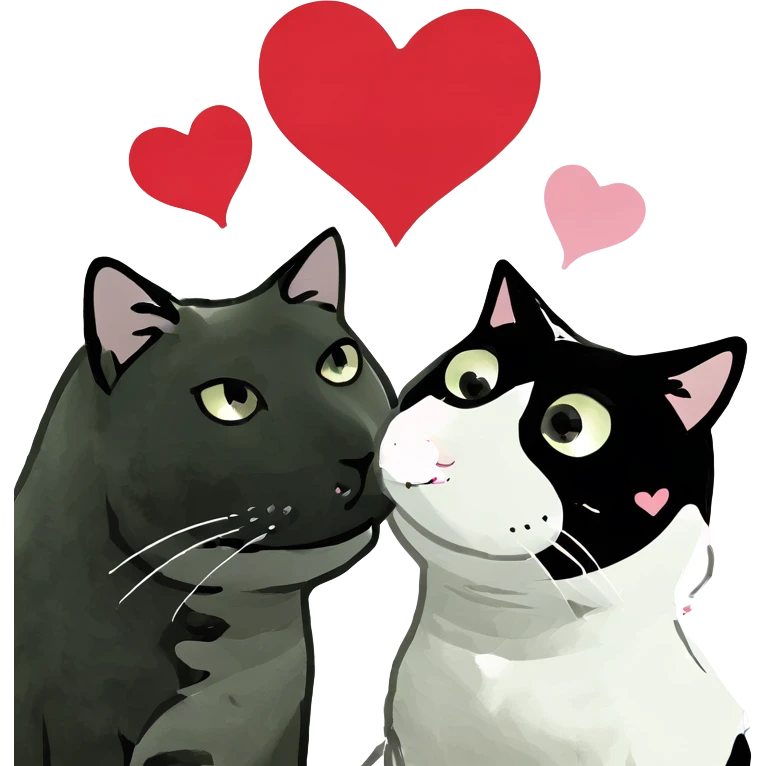 Big black cat is kissing a small white cat with hearts above emoji