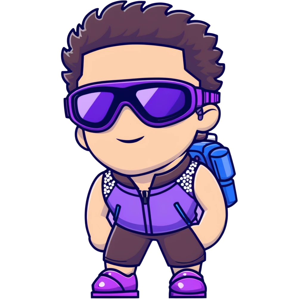 close-up of male athlete with white skin and moderately curly dark brown hair on top with shaved sides, wearing ski goggles with purple frames and very dark black lenses, a simple plain black chain necklace, and a completely unzipped sleeveless vest with purple and black sequin fire pattern design with no logo, with an arrogant smug smirk on his face, looking confident and cocky emoji