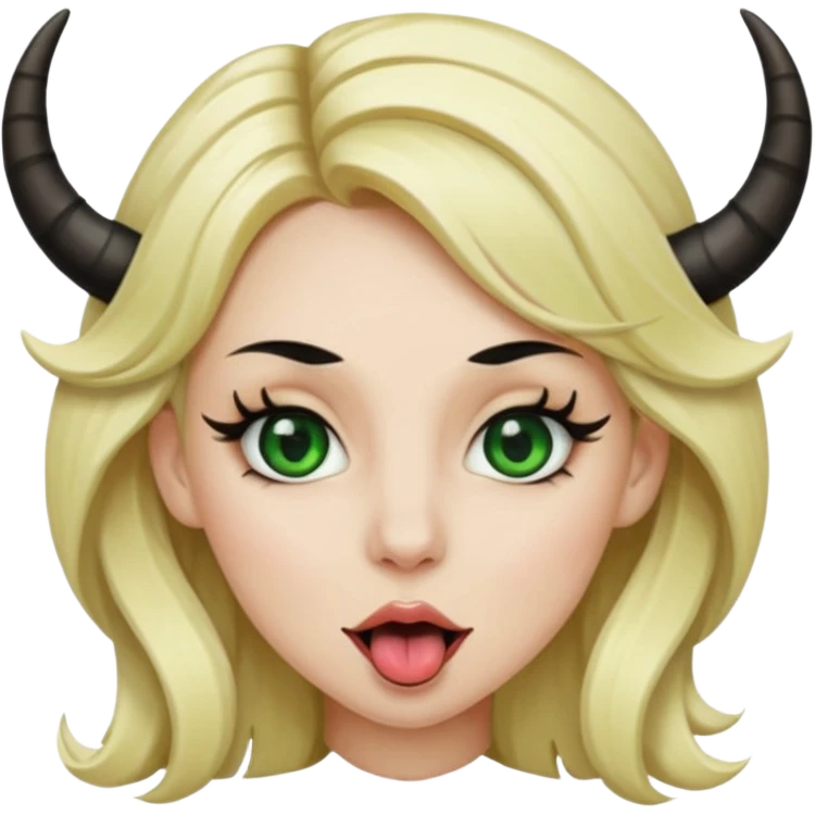 Emoji femme blonde habillée en noir cheveux blond, yeux vert avec de long cils noir qui tire la langue et à des cornes  emoji