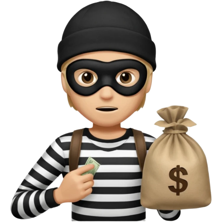 running robber wears black eye mask, black beanies and black and white stibes shirt with one brown money bag beside him emoji