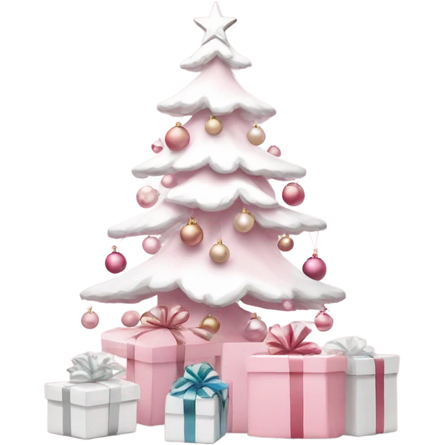 Light pink Christmas gifts under a white Christmas tree  emoji