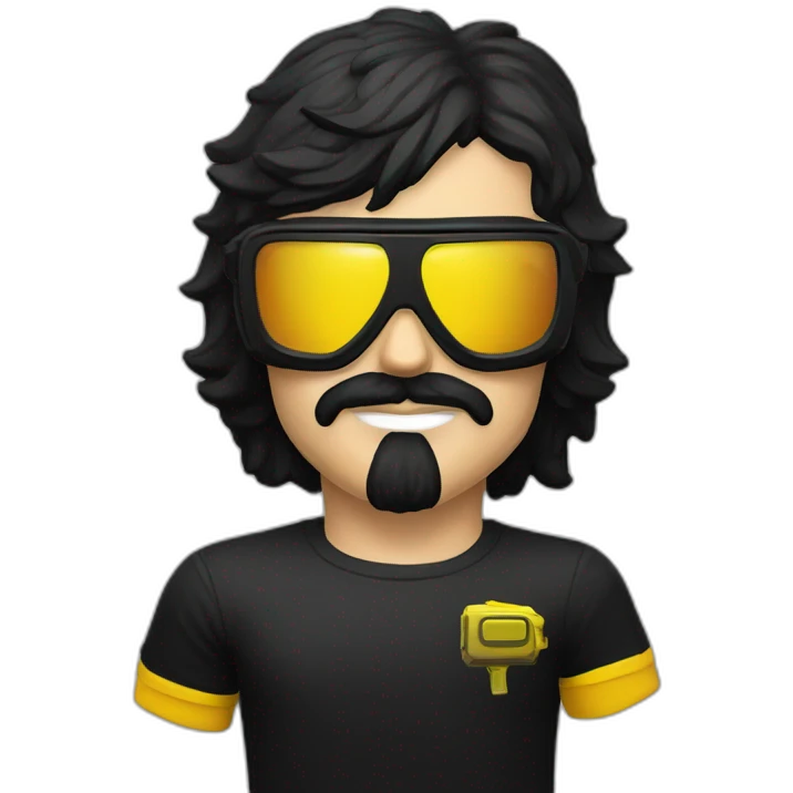Dr. Disrespect with a black t-shirt with the shrapnel video game logo on it in yellow emoji