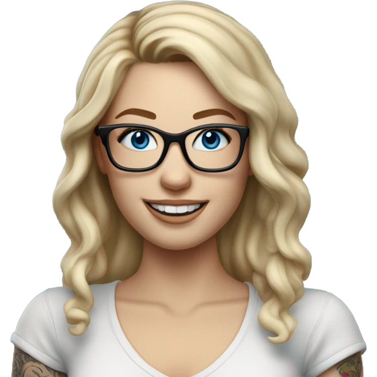 3d photo Realistic blonde Balayage pale beautiful tattooed woman with glasses and blue eyes happy and fashionable  emoji