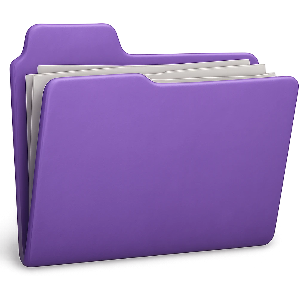 Remove the face from the purple folder and make the folder more realistic while keeping a slightly 3D look. Include papers inside the folder that are slightly messy and a little wonky. Remove the background entirely. emoji