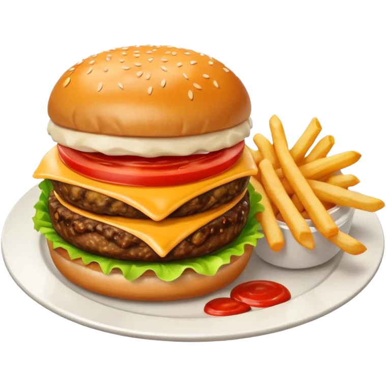 i want a Cheeseburger and Fries with a angle to 15–20° gentle bird’s-eye angle with 2white and red Sause on white plate  emoji