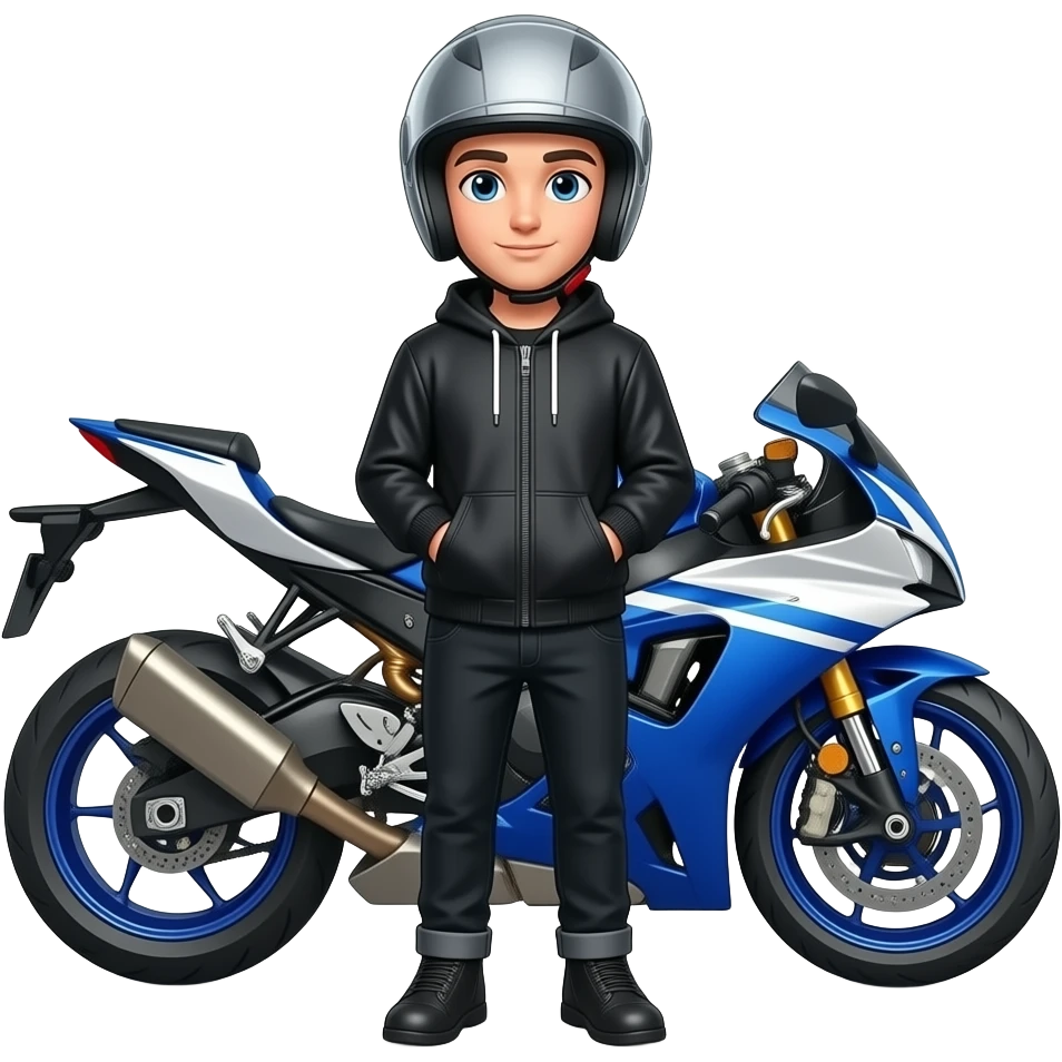 young man with black pants and a black hoodie jacket wearing a grey motorcycle helmet stands in front a blue white motrocycle emoji