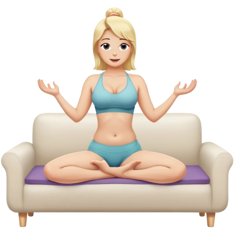 fullbody busty blonde shirtless and topless buxom doing yoga in undies on couch stretching legs with hands sfw emoji
