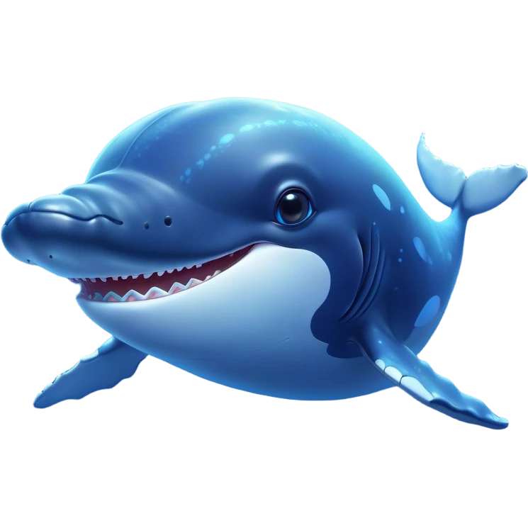 Cinematic Cute Humpback Whale Portrait Emoji, Head tilted playfully and inquisitively, featuring a softly rounded body with bright, sparkling eyes and an adorably expressive mouth, Simplified yet irresistibly adorable features, highly detailed, glowing with a warm, ocean-blue glow, high shine, affectionate and gentle, stylized with a touch of whimsical aquatic charm, soft glowing outline, capturing the essence of a friendly and endearing whale that seems as if it could sing its way into your heart! emoji
