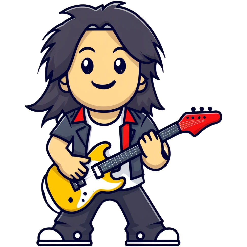 Rockstar musician with long hair, confident smile looking up, rock hand gesture, stage presence, edgy style emoji
