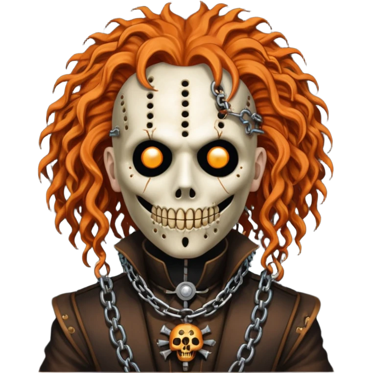 steam punk Megadeth - pinhead Hellraiser corpse made of rusty metal with chains on its teeth, huge curly orange hair emoji