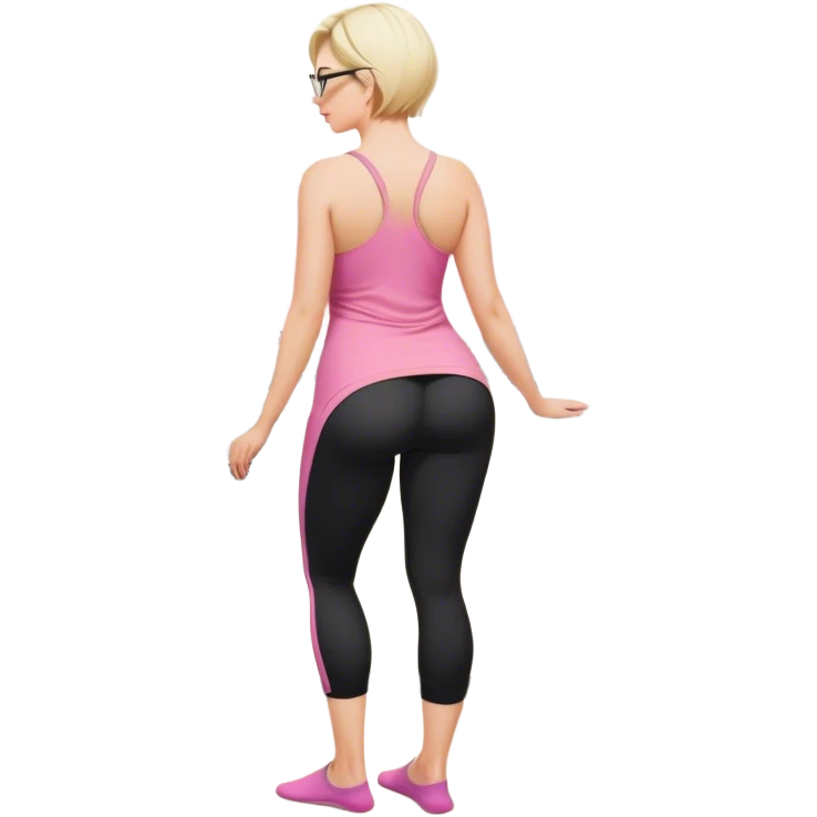 Render from knees up, view from the back, fair skinned woman, curvy, short blond hair, small reading glasses, cooking dinner in kitchen, pink loose tank top, showing natural B cup breast shape SFW, black yoga pants, large curvy booty emoji