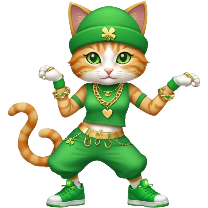 female cat dressed in hip-hop Run DMC style with green outfit, shamrock accessories, gold chains, bling, St. Patrick's Day, break dancing emoji
