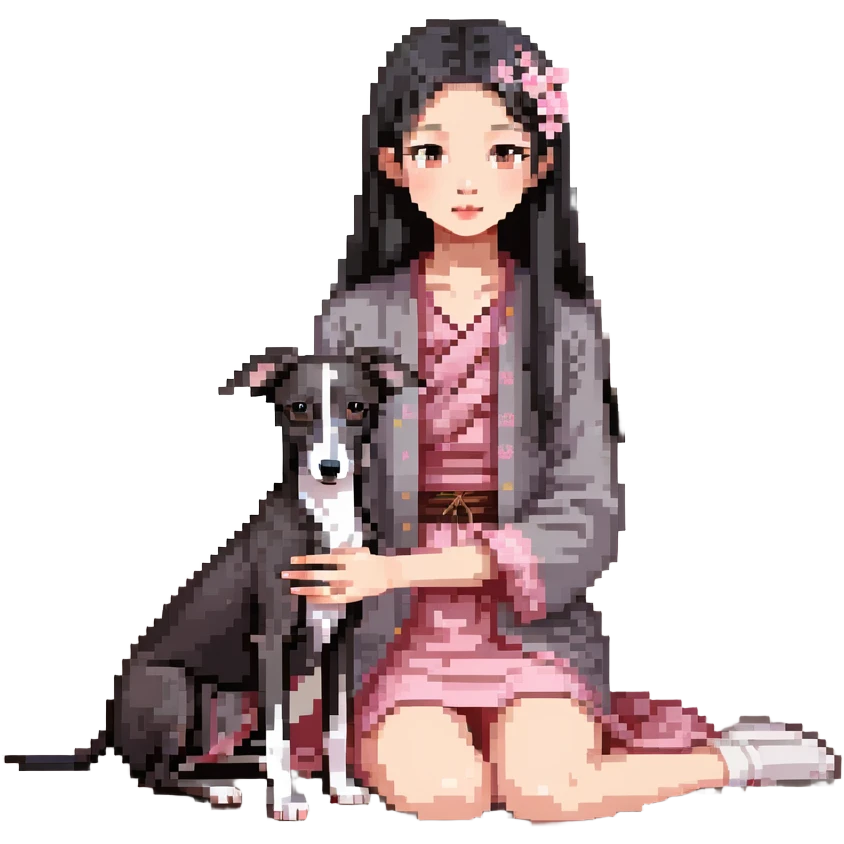 A young Chinese girl with long black hair and a pure dark grey Italian Greyhound with absolutely NO white markings anywhere on its body sitting under a cherry blossom tree. The dog must be completely solid dark grey with no white on muzzle, paws, or chest. emoji