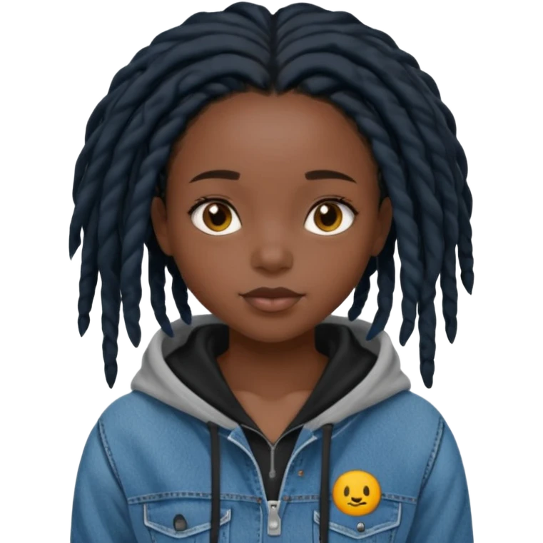 make a black girl with short pitch black locs wearing a denim hoodie with black sleeves emoji