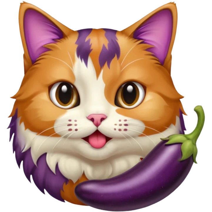 Hairy cat licking aubergine emoji