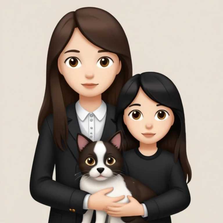 A girl with long brown hair holding the hand of a boy with black hair, both dressed in black, holding a cat and dog emoji