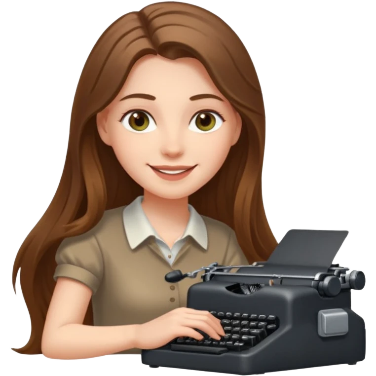 smiling white long brunette hair girl with hazel eyes laying typing on a typewriter emoji